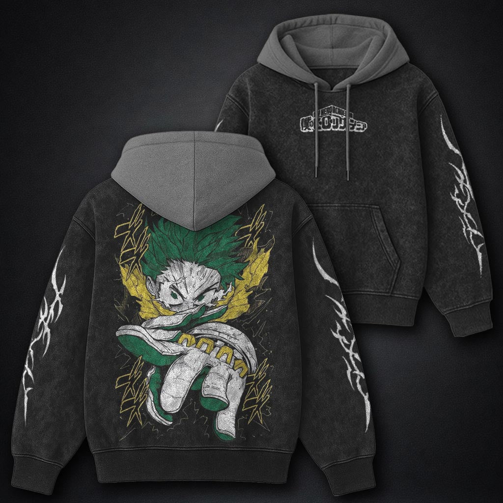 My Hero Academia Faded Black and Grey Washed Hoodie