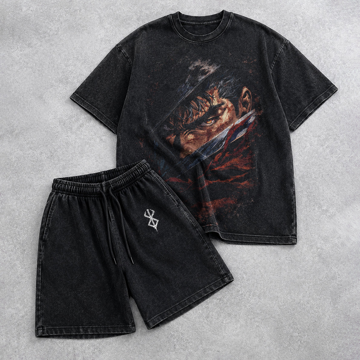 Berserk Washed Black T-Shirt and Shorts Combo (6 Designs)