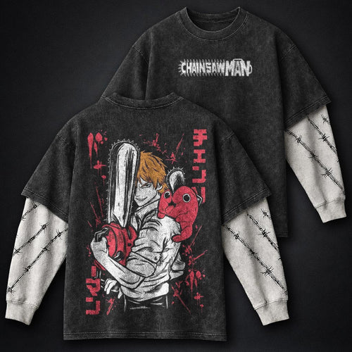 Chainsaw Man Clean Washed Double Sleeves T-Shirt