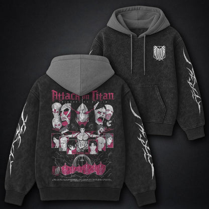 Attack on Titan Relaxed Black and Grey Washed Hoodie