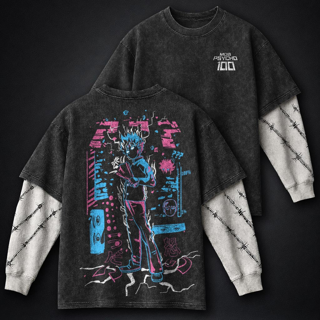 Mob Psycho 100 Graphic Washed Double Sleeves T-Shirt