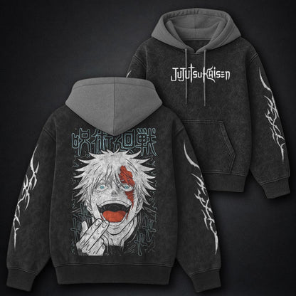 Jujutsu Kaisen Stylish Black and Grey Washed Hoodie
