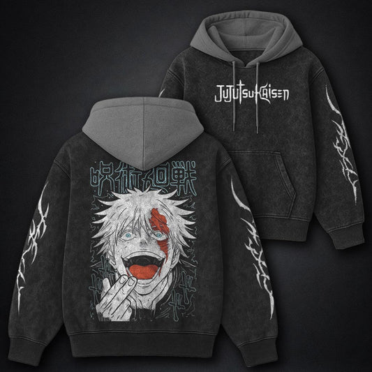 Jujutsu Kaisen Stylish Black and Grey Washed Hoodie