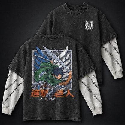 Attack on Titan Lightweight Washed Double Sleeves T-Shirt