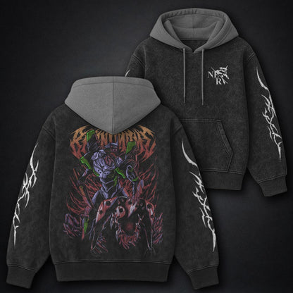 Neon Genesis Evangelion Relaxed Black and Grey Washed Hoodie