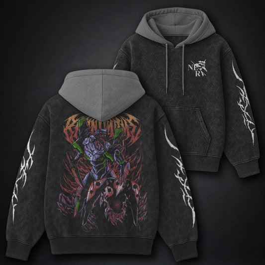Neon Genesis Evangelion Relaxed Black and Grey Washed Hoodie