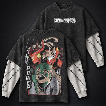 Chainsaw Man Vintage Washed Double Sleeves T-Shirt