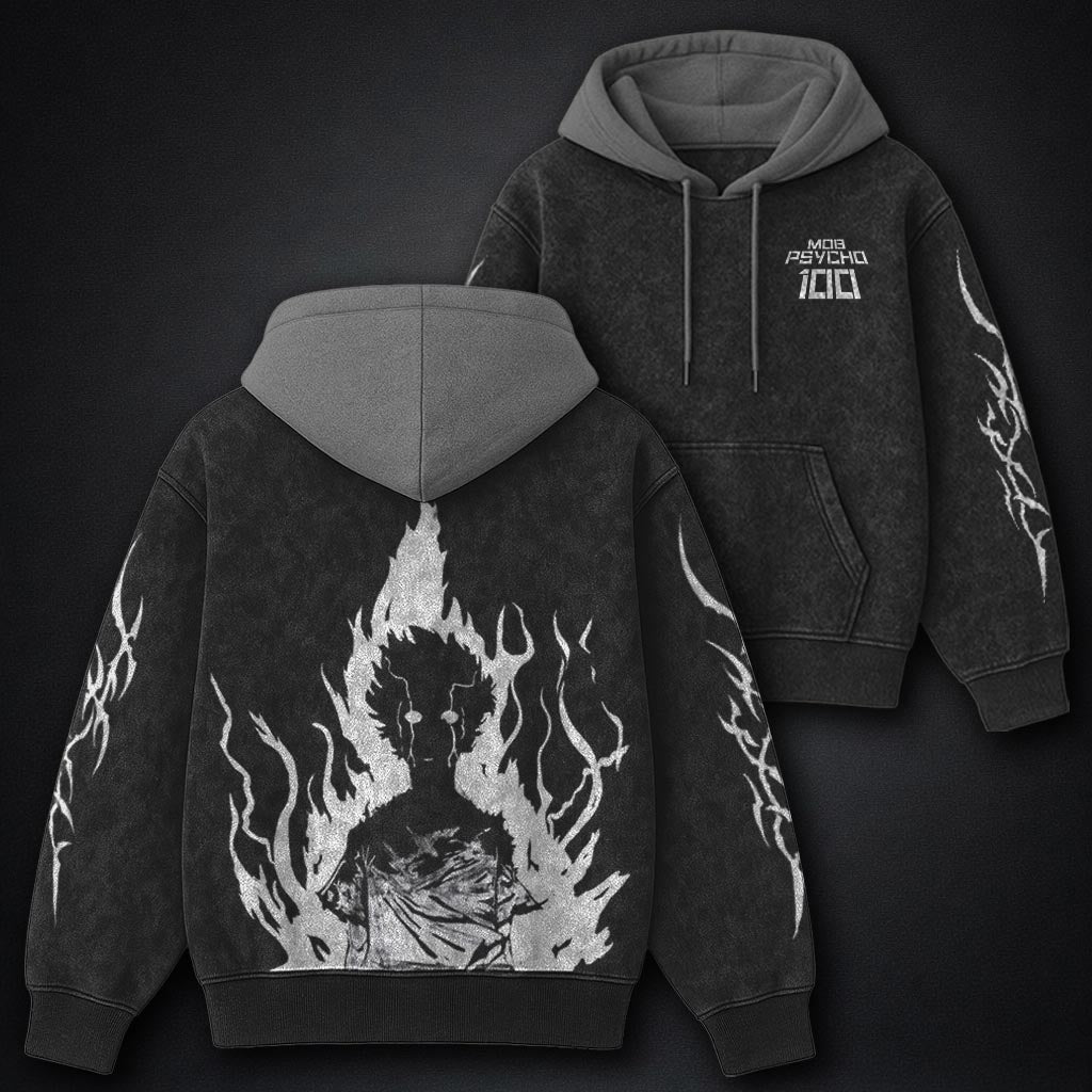 Mob Psycho 100 Lightweight Black and Grey Washed Hoodie