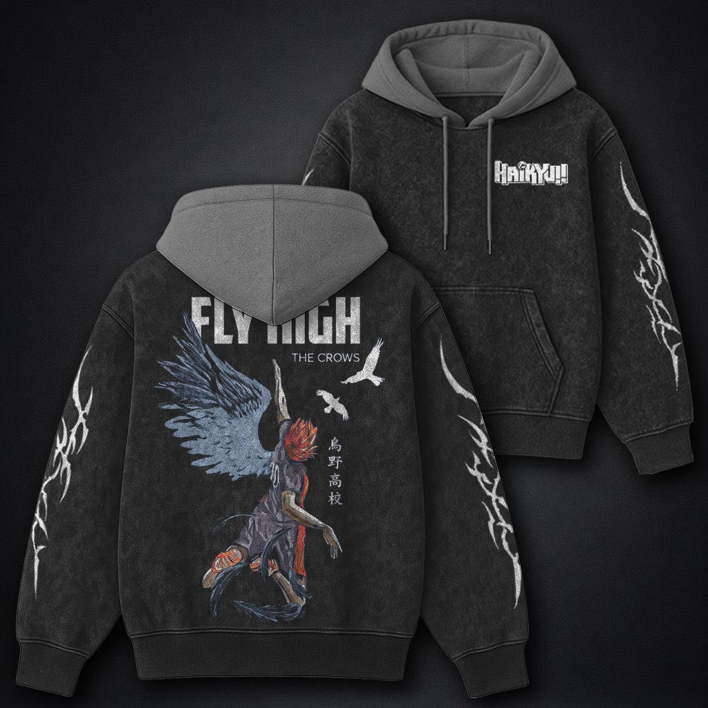 Haikyuu Relaxed Black and Grey Washed Hoodie