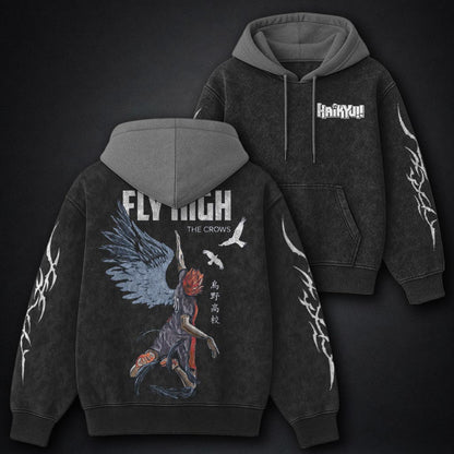 Haikyuu Relaxed Black and Grey Washed Hoodie
