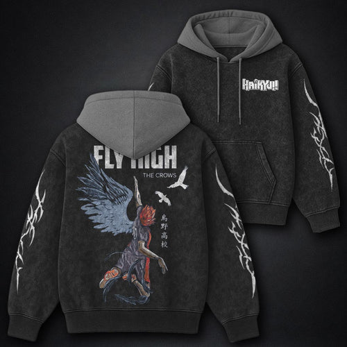 Haikyuu Relaxed Black and Grey Washed Hoodie