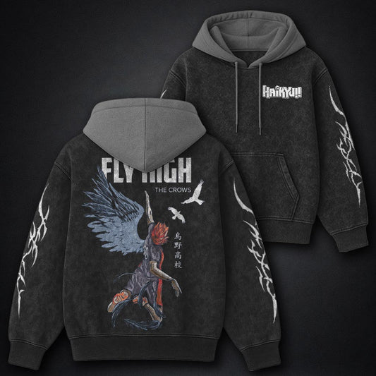 Haikyuu Relaxed Black and Grey Washed Hoodie