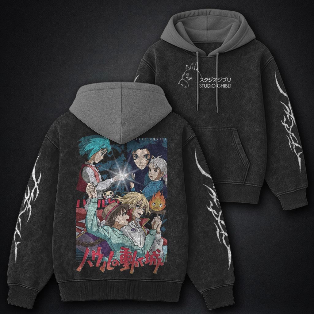 Ghibli Premium Black and Grey Washed Hoodie