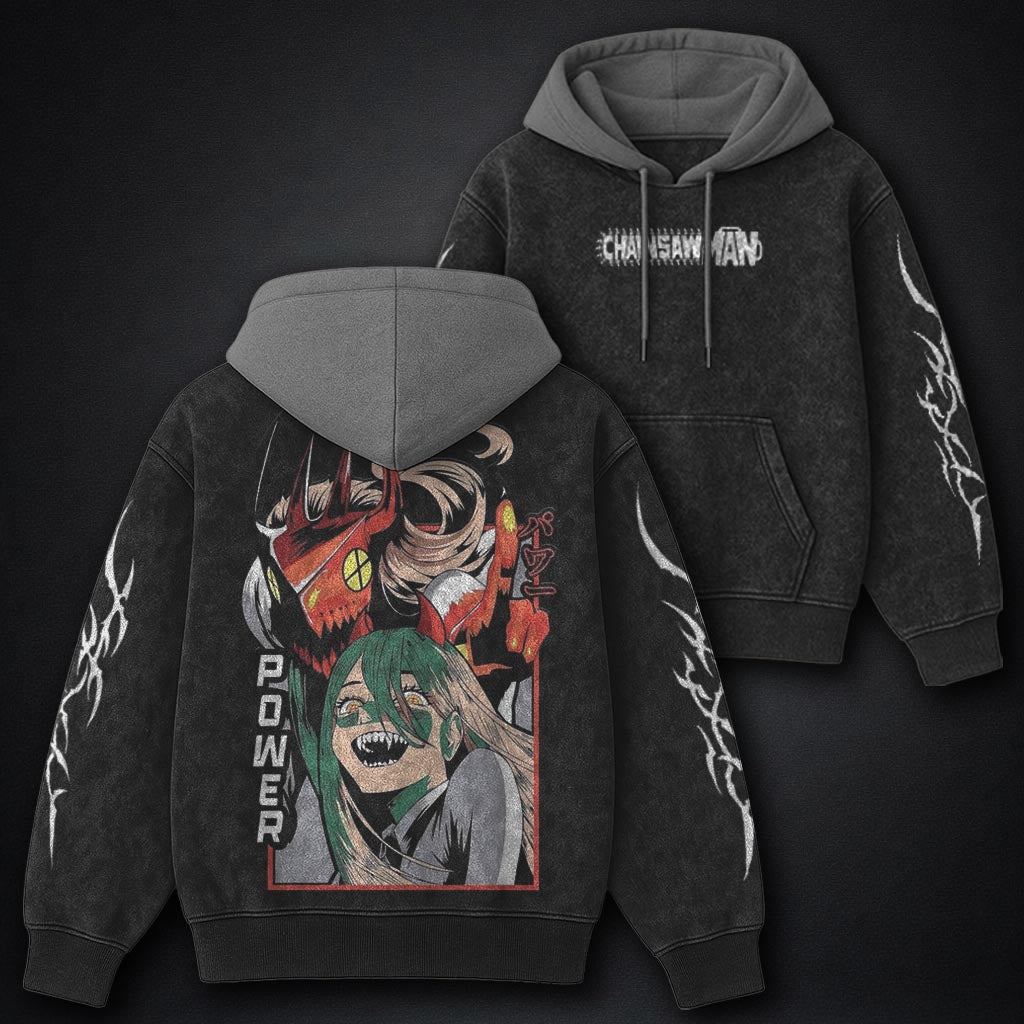 Chainsaw Man Vintage Black and Grey Washed Hoodie