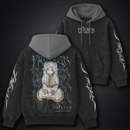Frieren Washed Black and Grey Washed Hoodie