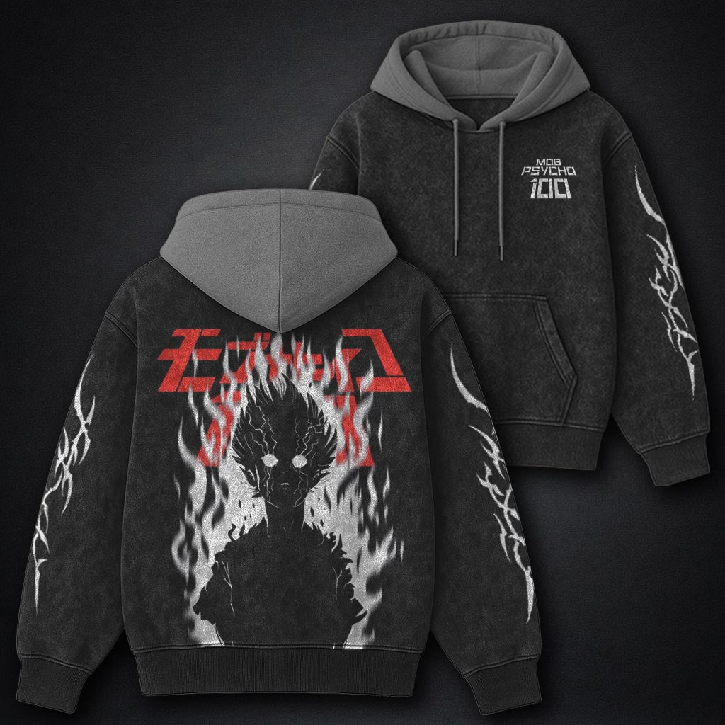 Mob Psycho 100 Heavyweight Black and Grey Washed Hoodie