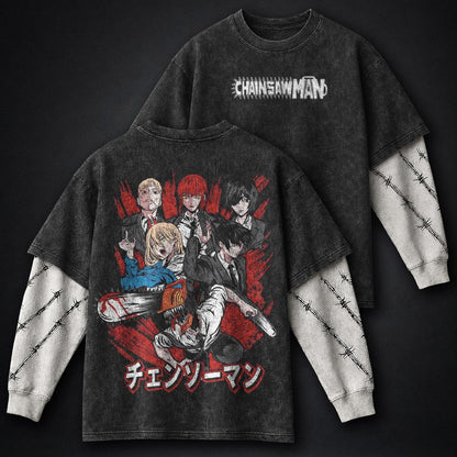Chainsaw Man Washed Washed Double Sleeves T-Shirt