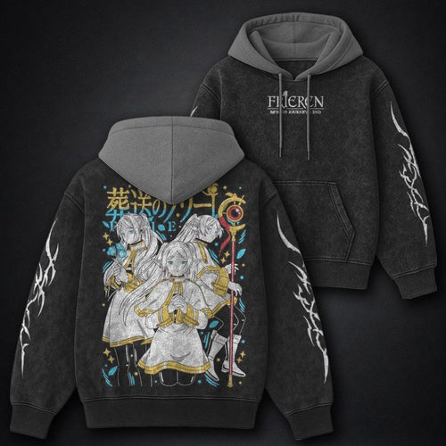 Frieren Classic Black and Grey Washed Hoodie