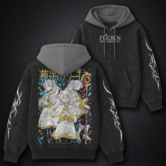 Frieren Classic Black and Grey Washed Hoodie