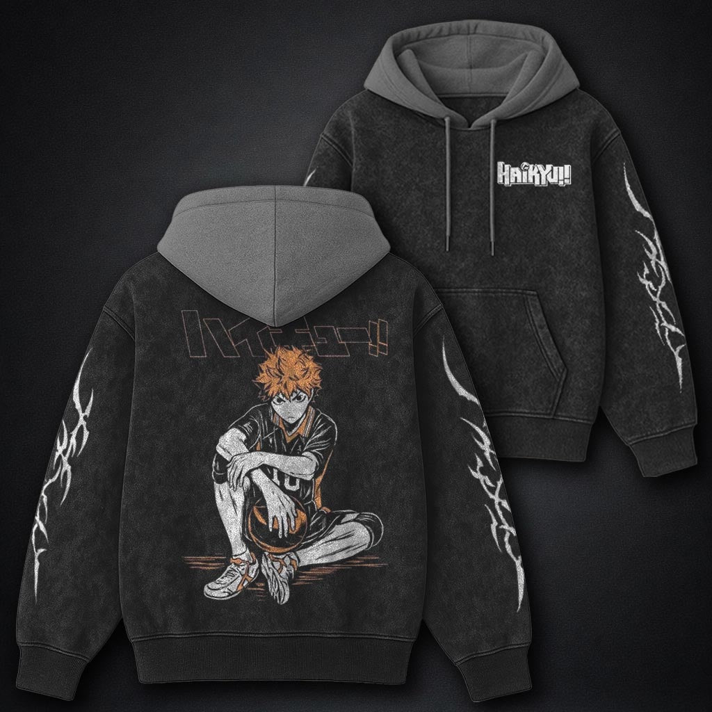 Haikyuu Urban Black and Grey Washed Hoodie