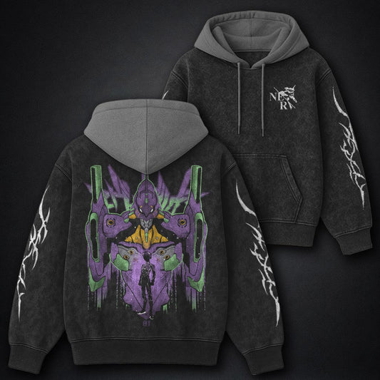 Neon Genesis Evangelion Classic Black and Grey Washed Hoodie