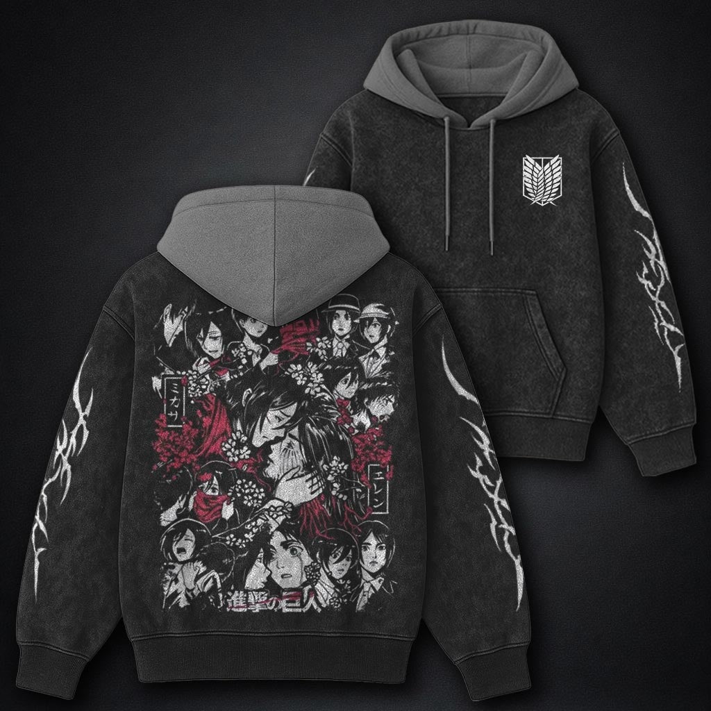 Attack on Titan Distressed Black and Grey Washed Hoodie