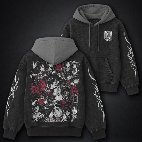 Attack on Titan Distressed Black and Grey Washed Hoodie