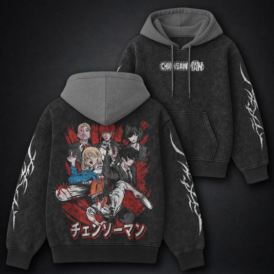 Chainsaw Man Oversized Black and Grey Washed Hoodie