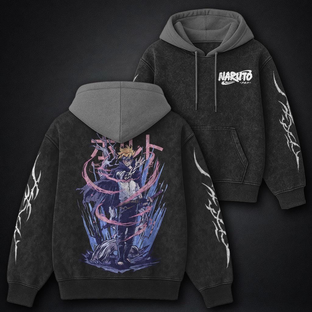 Naruto Premium Black and Grey Washed Hoodie