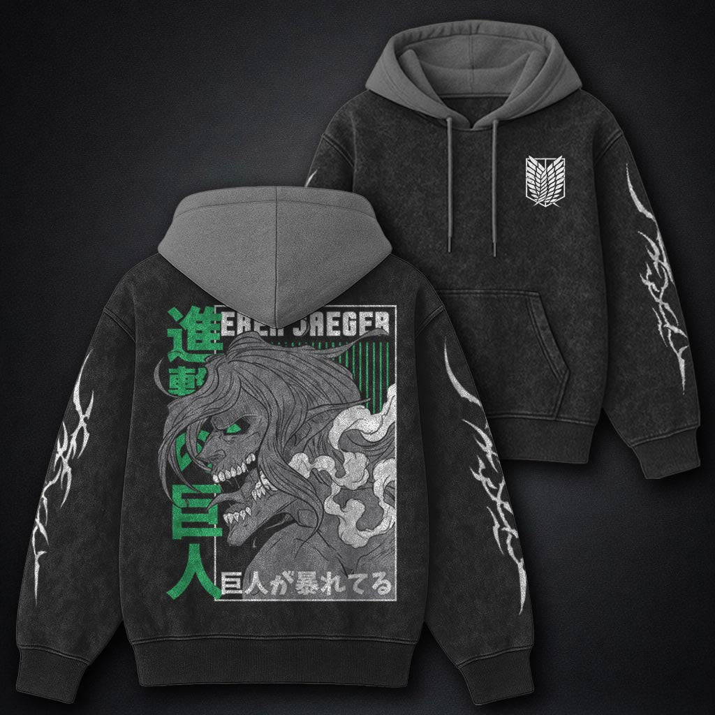 Attack on Titan Streetwear Black and Grey Washed Hoodie