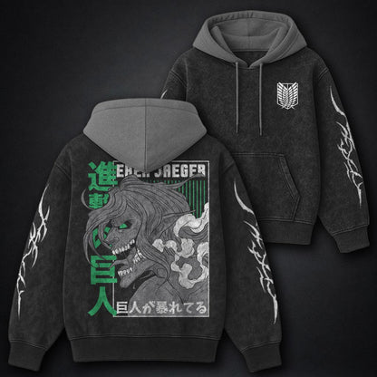 Attack on Titan Streetwear Black and Grey Washed Hoodie