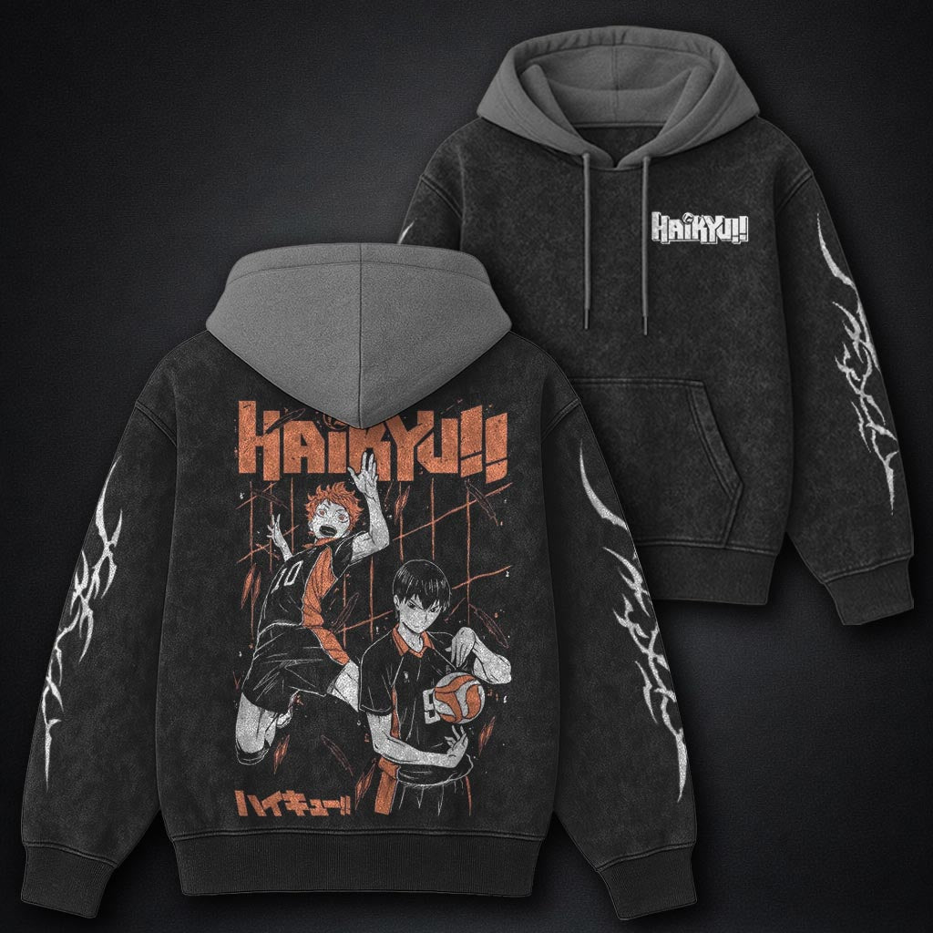 Haikyuu Luxe Black and Grey Washed Hoodie