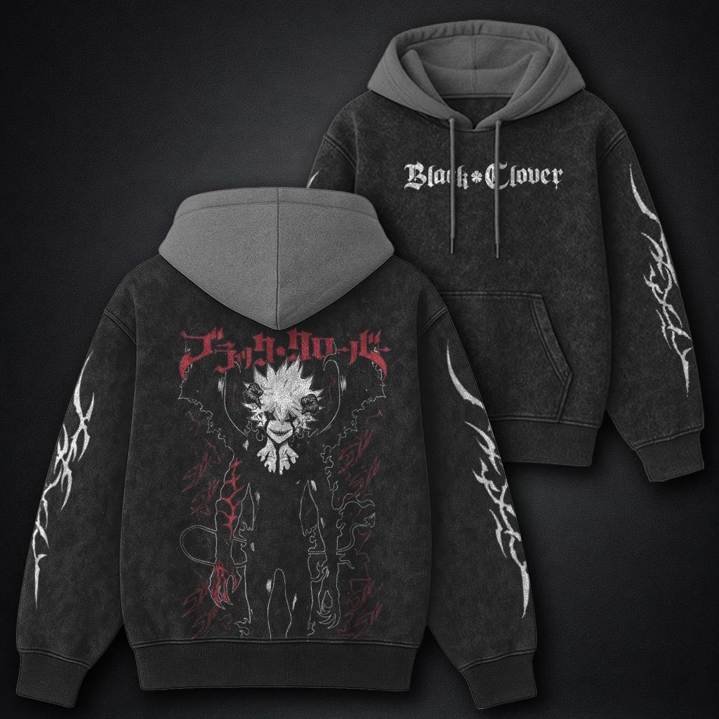 Black Clover Lightweight Black and Grey Washed Hoodie