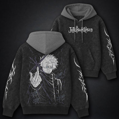 Jujutsu Kaisen Relaxed Black and Grey Washed Hoodie