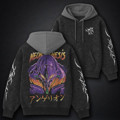 Neon Genesis Evangelion Bold Black and Grey Washed Hoodie