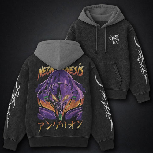 Neon Genesis Evangelion Bold Black and Grey Washed Hoodie