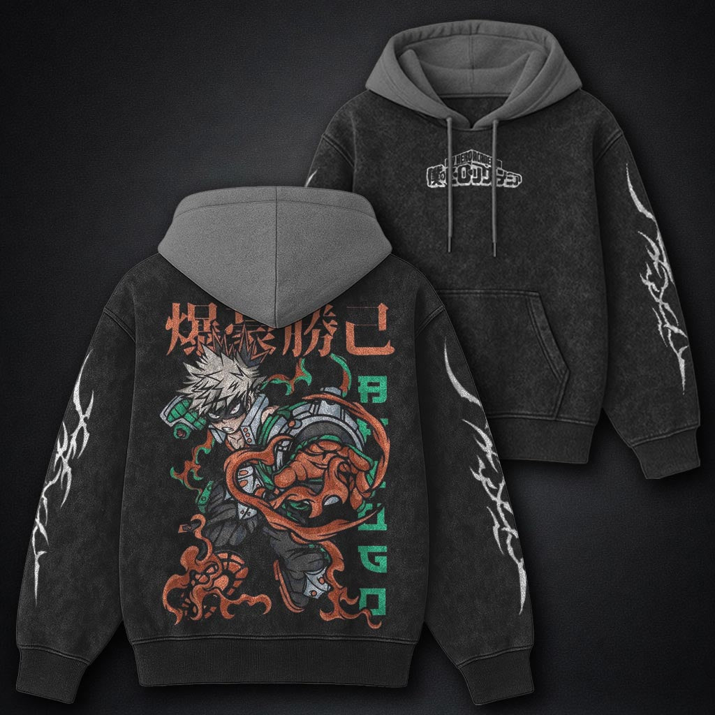 My Hero Academia Premium Black and Grey Washed Hoodie