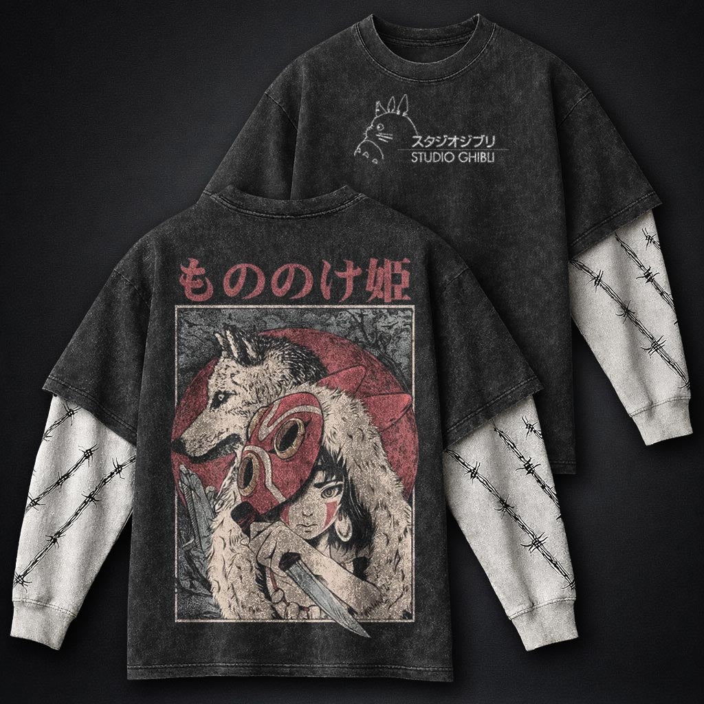 Ghibli Oversized Washed Double Sleeves T-Shirt