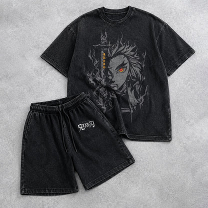Demon Slayer Washed Black T-Shirt and Shorts Combo (6 Designs)