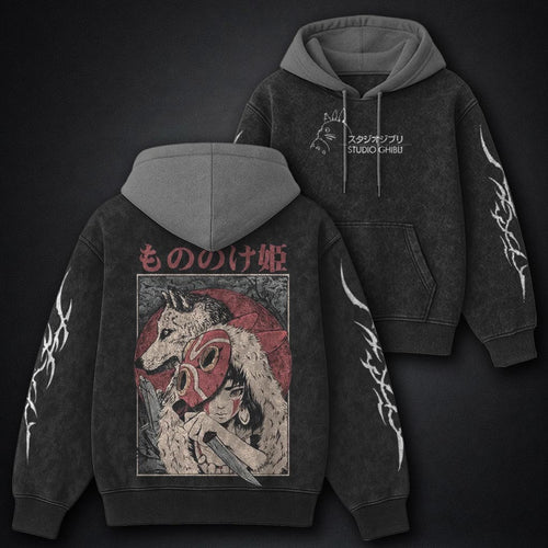 Ghibli Relaxed Black and Grey Washed Hoodie