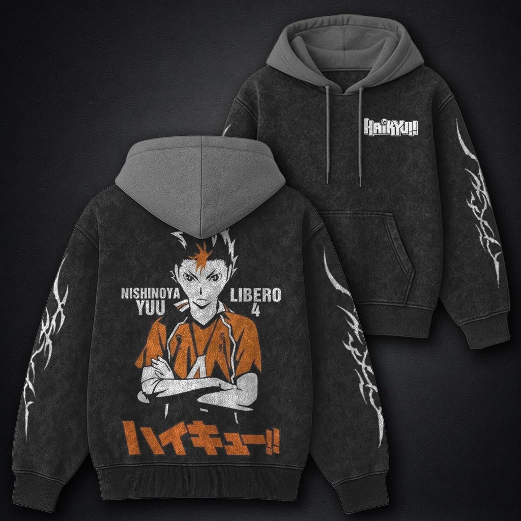 Haikyuu Signature Black and Grey Washed Hoodie