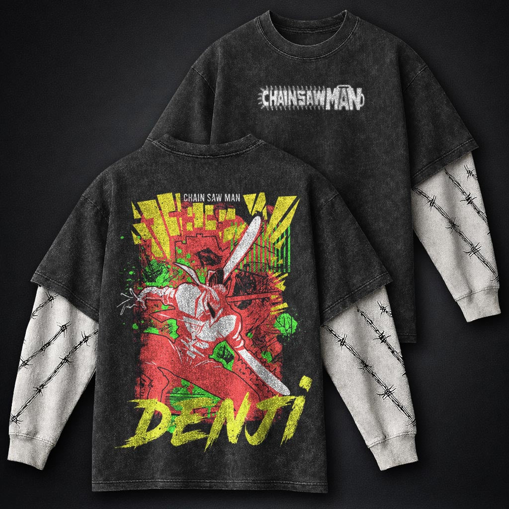 Chainsaw Man Graphic Washed Double Sleeves T-Shirt