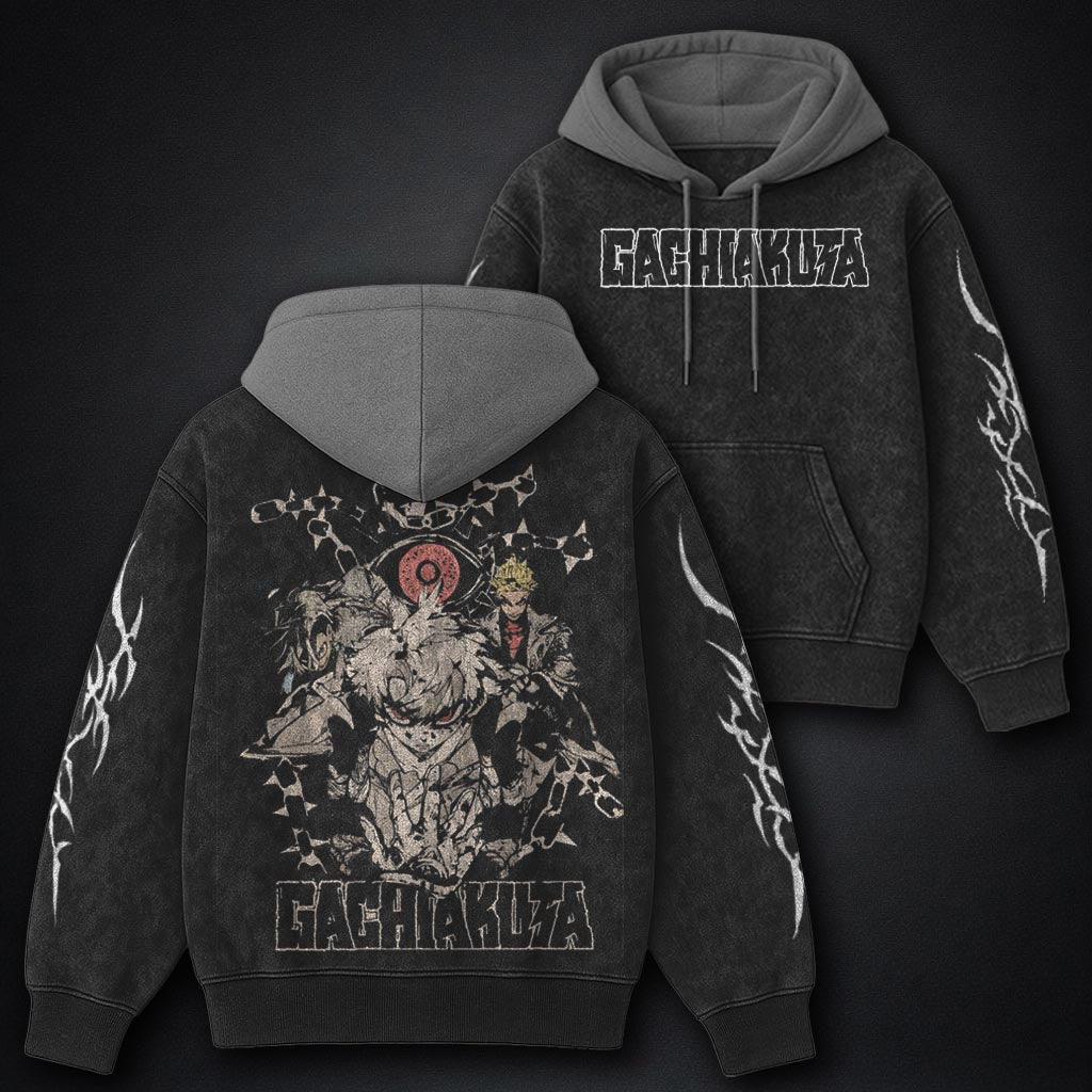 Gachiakuta Relaxed Black and Grey Washed Hoodie