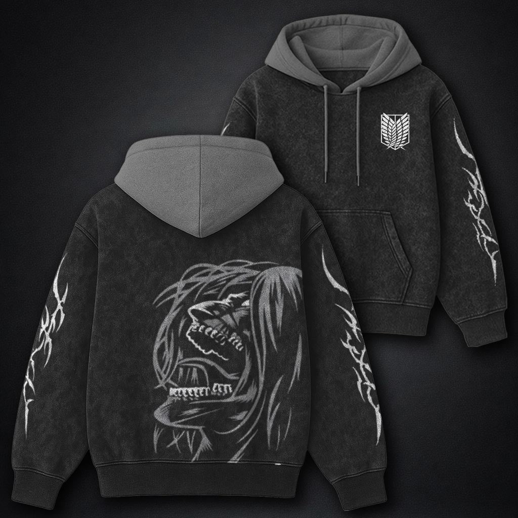 Attack on Titan Minimal Black and Grey Washed Hoodie