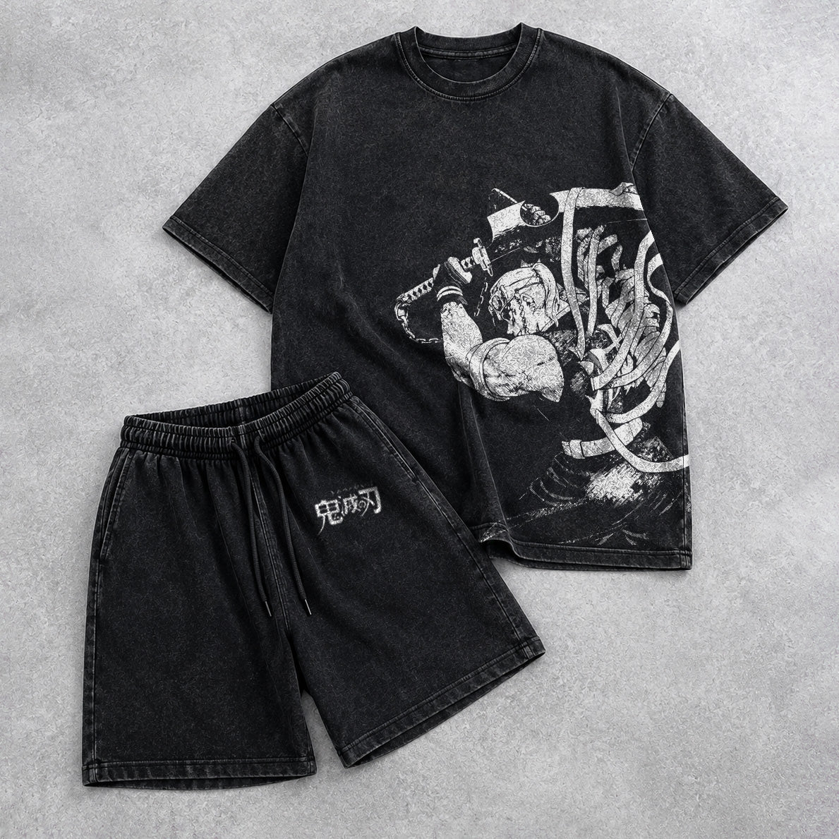 Demon Slayer Washed Black T-Shirt and Shorts Combo (6 Designs)