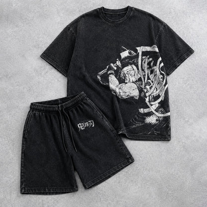 Demon Slayer Washed Black T-Shirt and Shorts Combo (6 Designs)