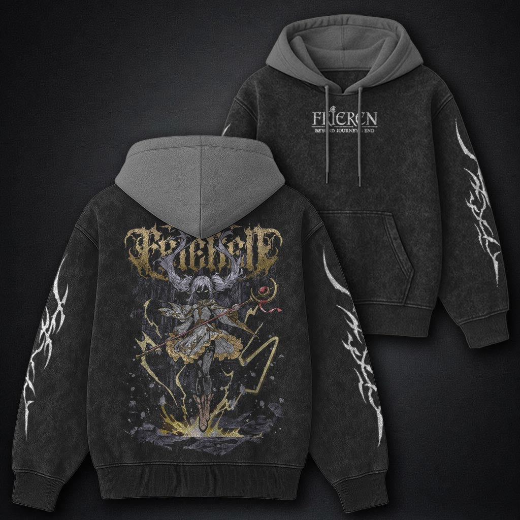 Frieren Vintage Black and Grey Washed Hoodie