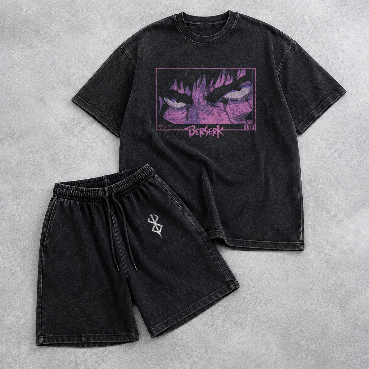 Berserk Washed Black T-Shirt and Shorts Combo (6 Designs)
