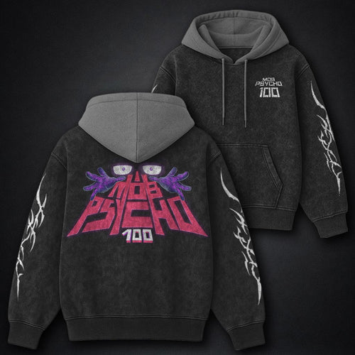 Mob Psycho 100 Vintage Black and Grey Washed Hoodie