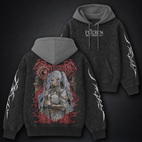 Frieren Minimal Black and Grey Washed Hoodie